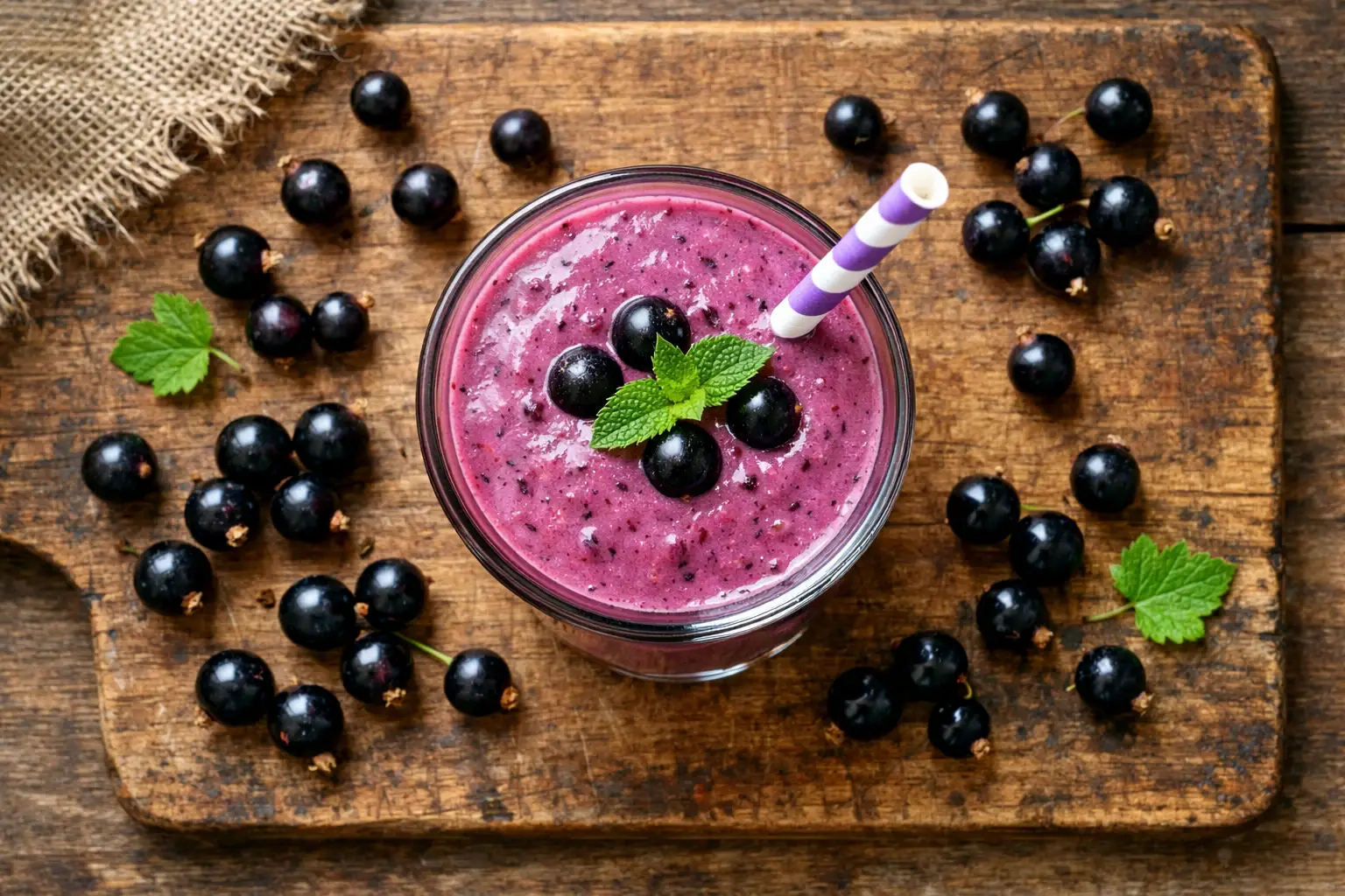 Smoothie au cassis frais sur table en bois rustique - 150 calories par verre de 340 ml
