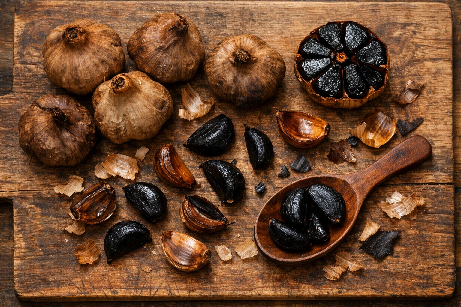 रस्टिक लकड़ी के टेबल पर ताजा काला लहसुन - 205 कैलोरी प्रति 100g