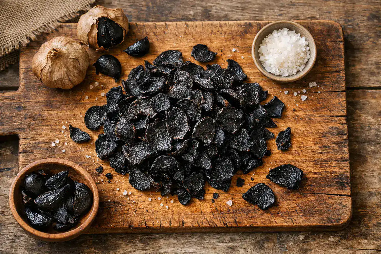 Fresh black garlic crisps on rustic wooden table - 140 calories per 28g serving