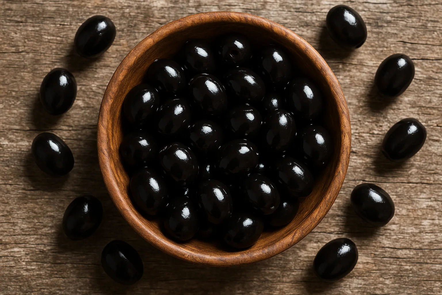 Aceitunas negras frescas en mesa de madera rústica - 115 calorías por 100 g