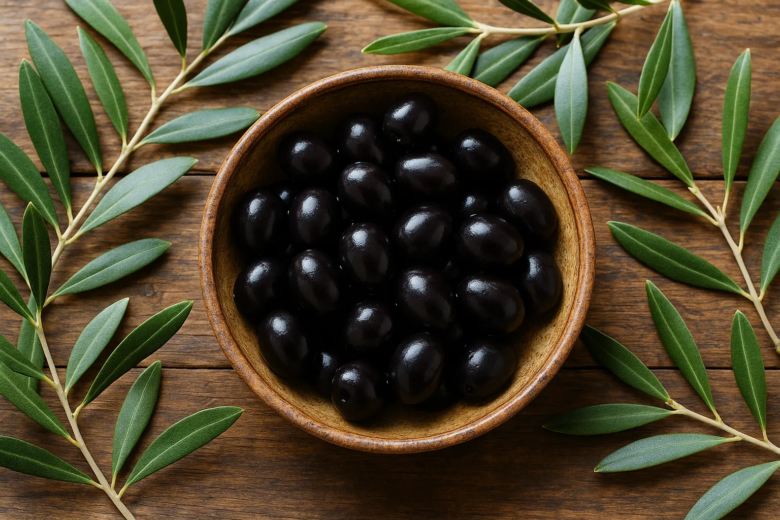 Fresh black olives on rustic wooden table - 115 calories per 100g