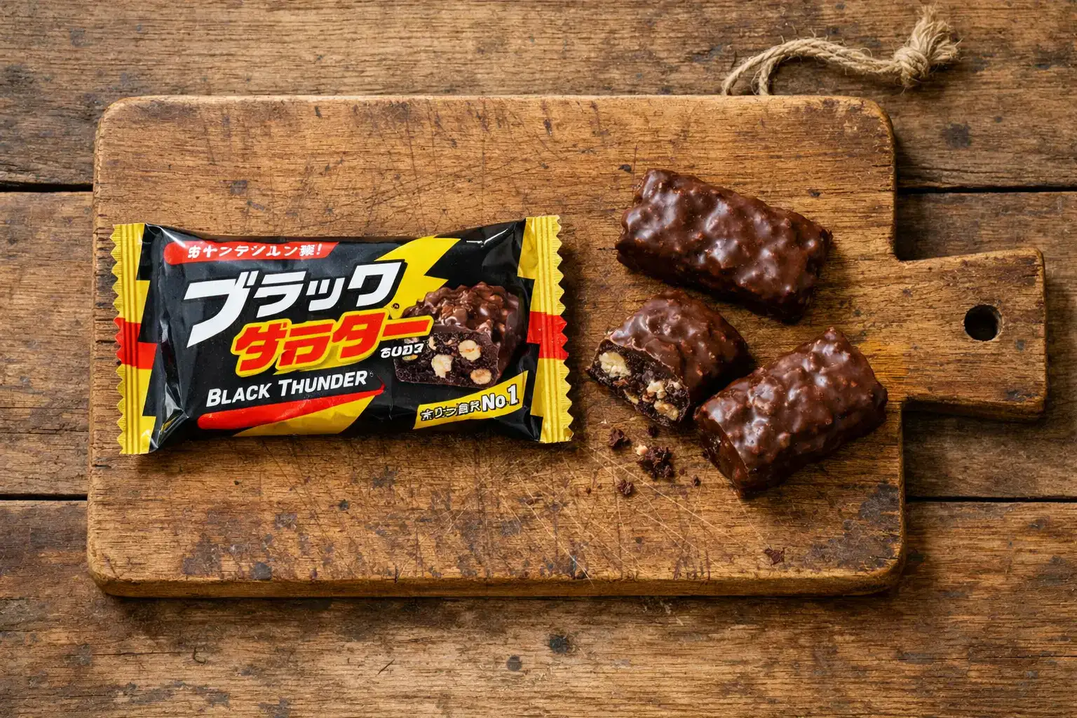 Fresh Black Thunder chocolate bar on rustic wooden table - 111 calories per bar