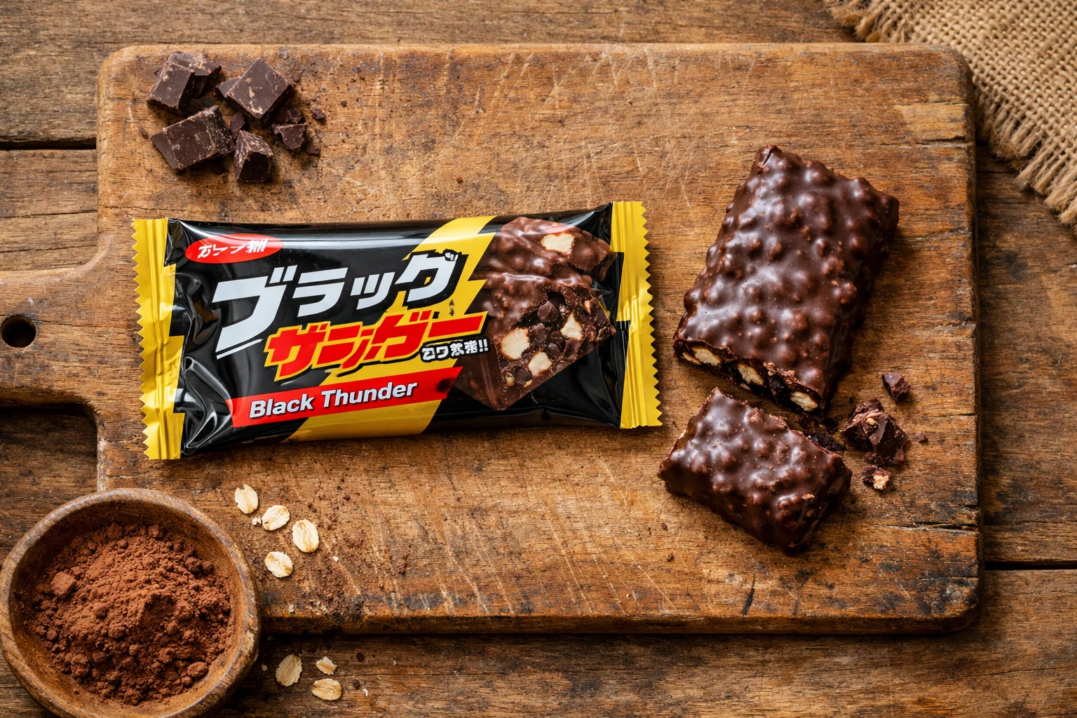 Black Thunder Chocolate Bar on rustic wooden table - 112 calories per 21g bar