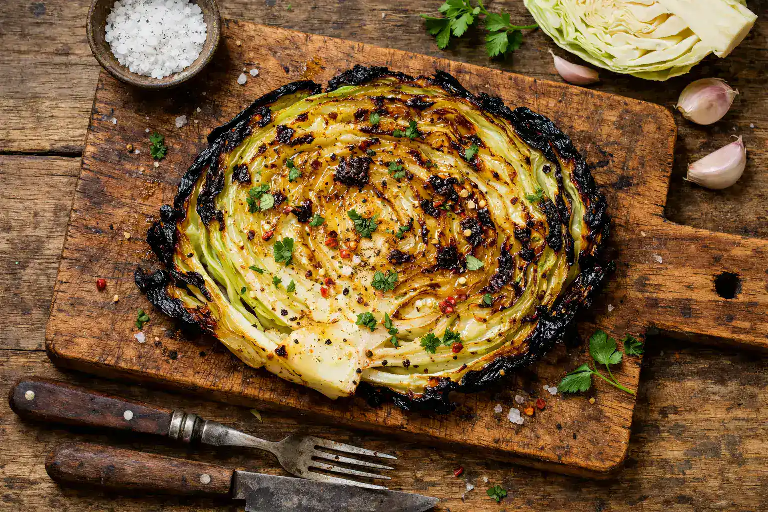 Fresh blistered cabbage steak on rustic wooden table - 45 calories per 150g serving