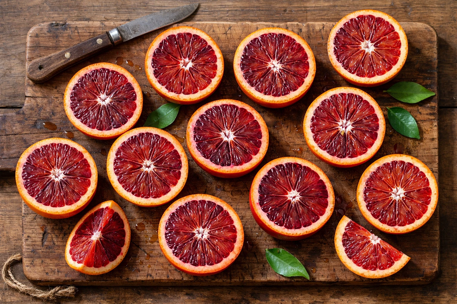 लकड़ी की टेबल पर ताजे ब्लड ऑरेंज - 56 कैलोरी प्रति मीडियम फ्रूट