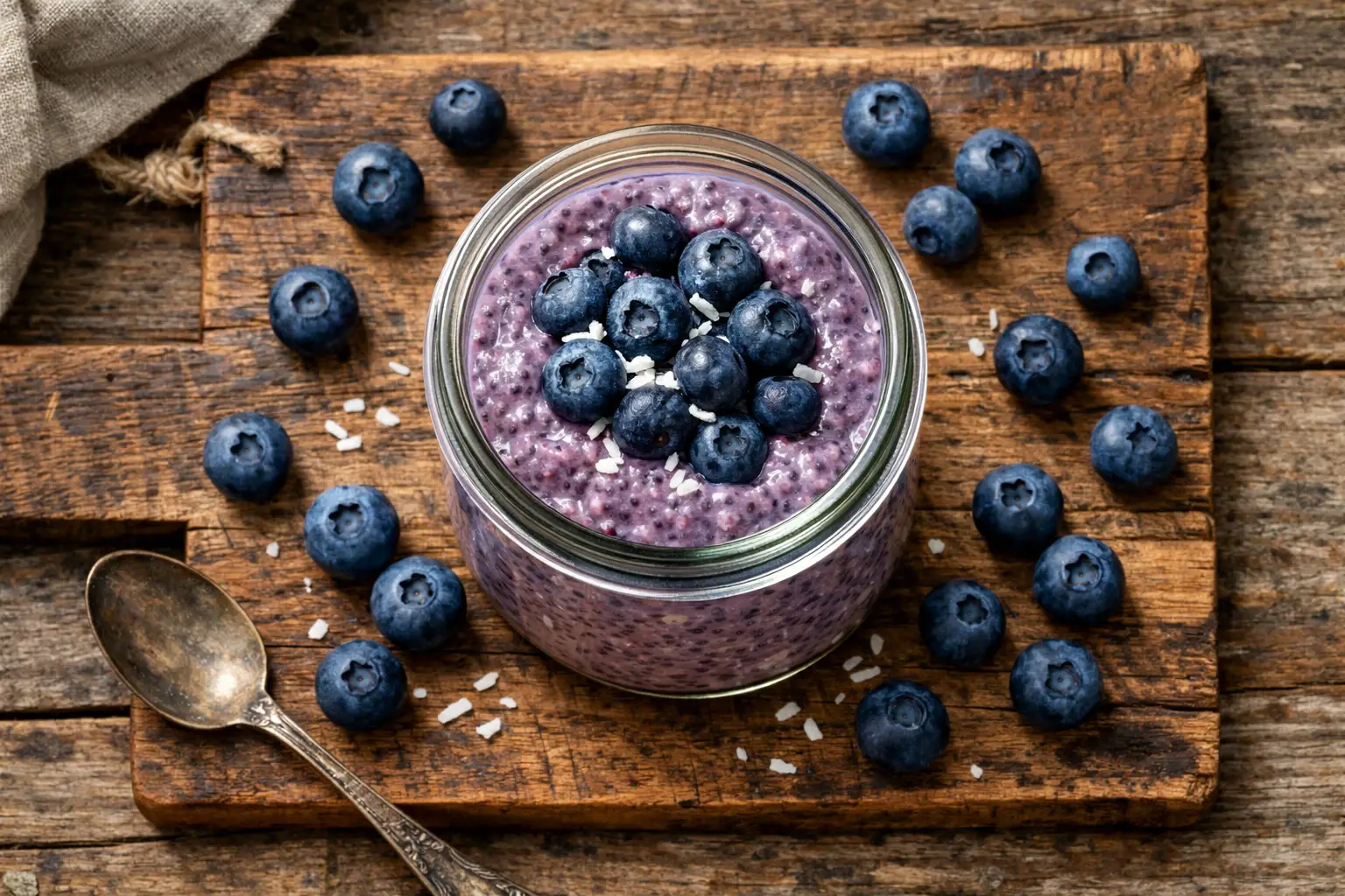 Pudín de chía con arándanos frescos en mesa de madera rústica - 280 calorías por porción