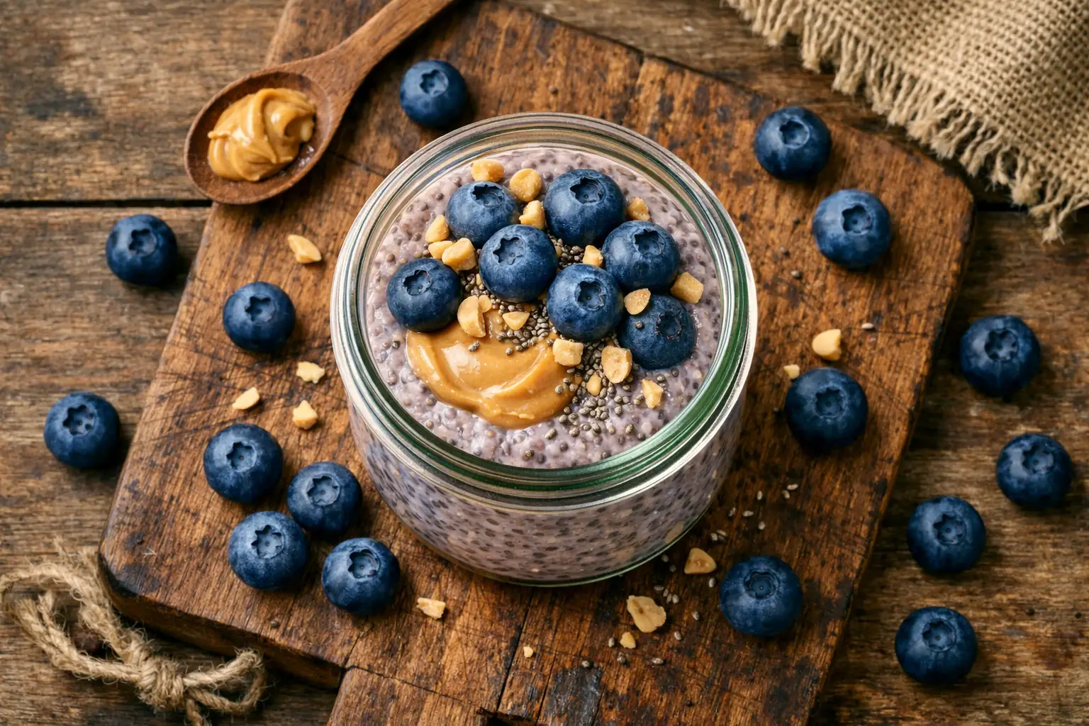 Fresh blueberry peanut butter chia pudding on rustic wooden table - 350 calories per serving
