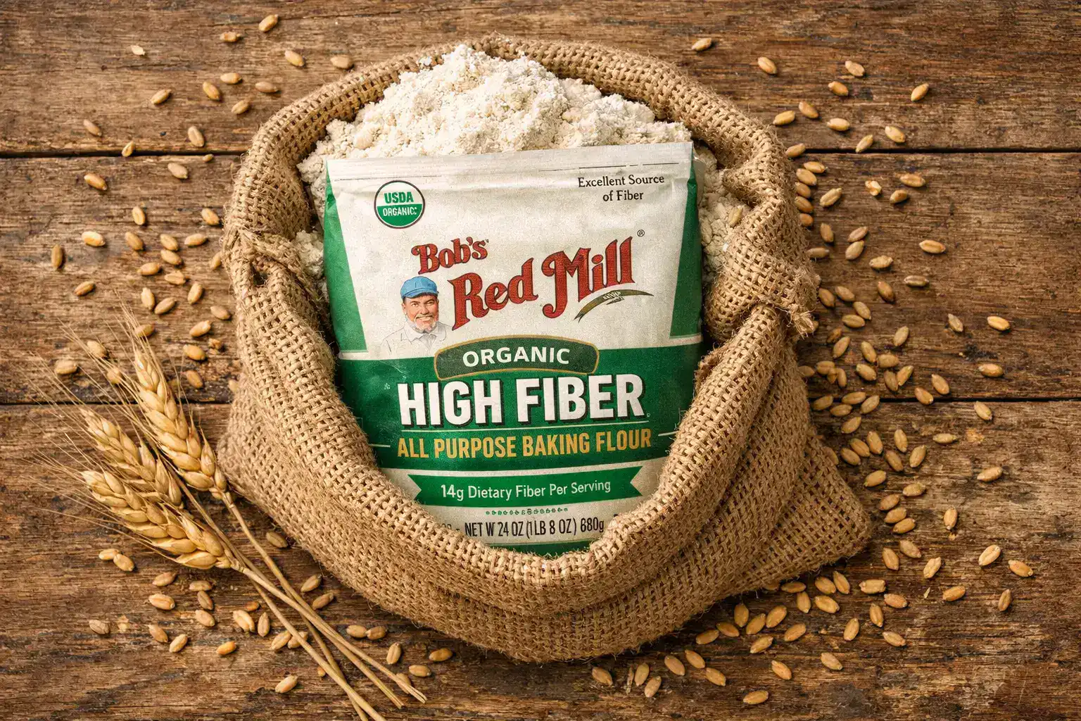 Frisches ballaststoffreiches Mehl auf rustikalem Holztisch – 100 kcal pro 30-g-Portion