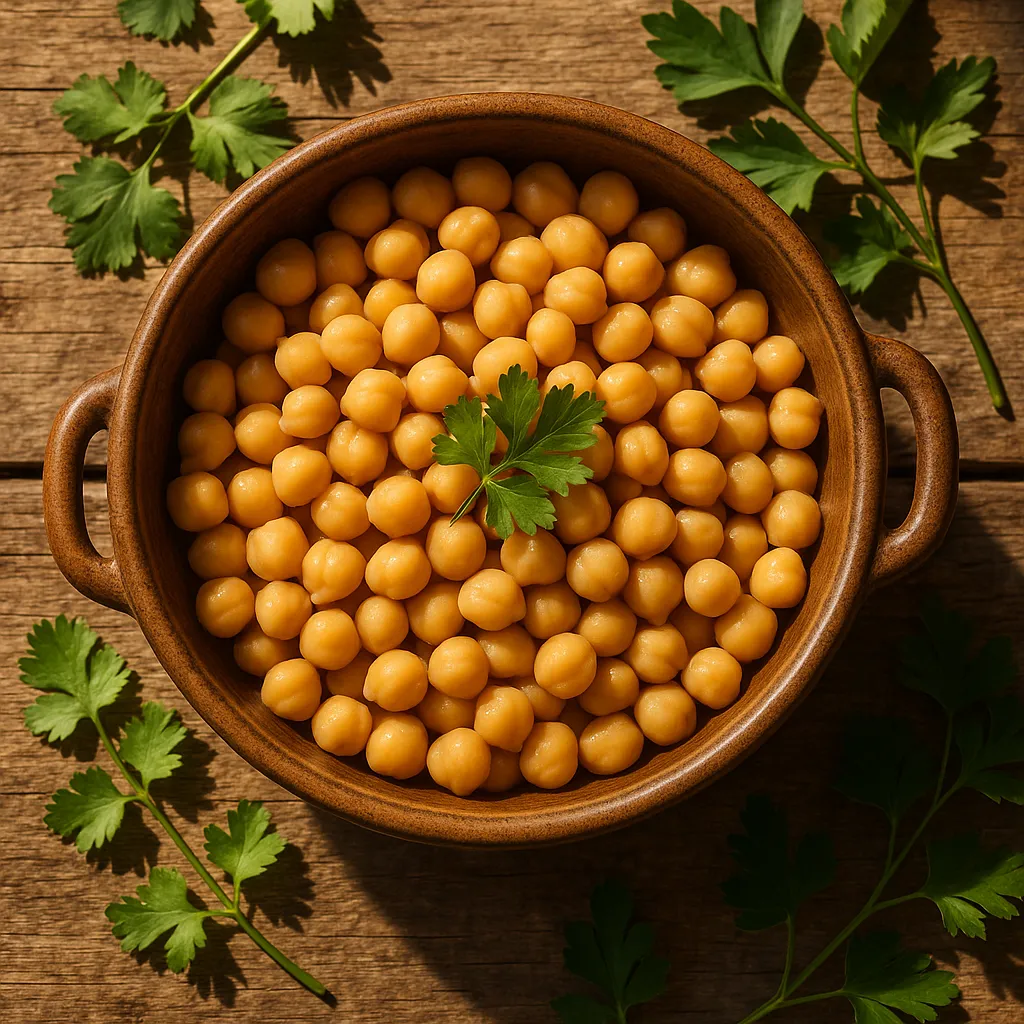 Boiled chickpeas in rustic ceramic bowl - 164 calories per 100g serving