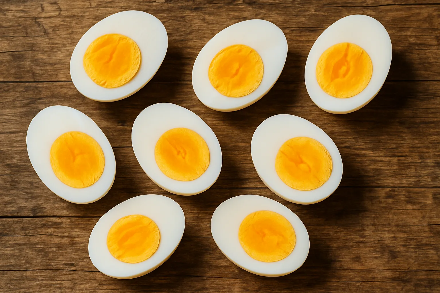 देहाती लकड़ी की मेज पर ताजे उबले अंडे - प्रति बड़े अंडे 78 कैलोरी