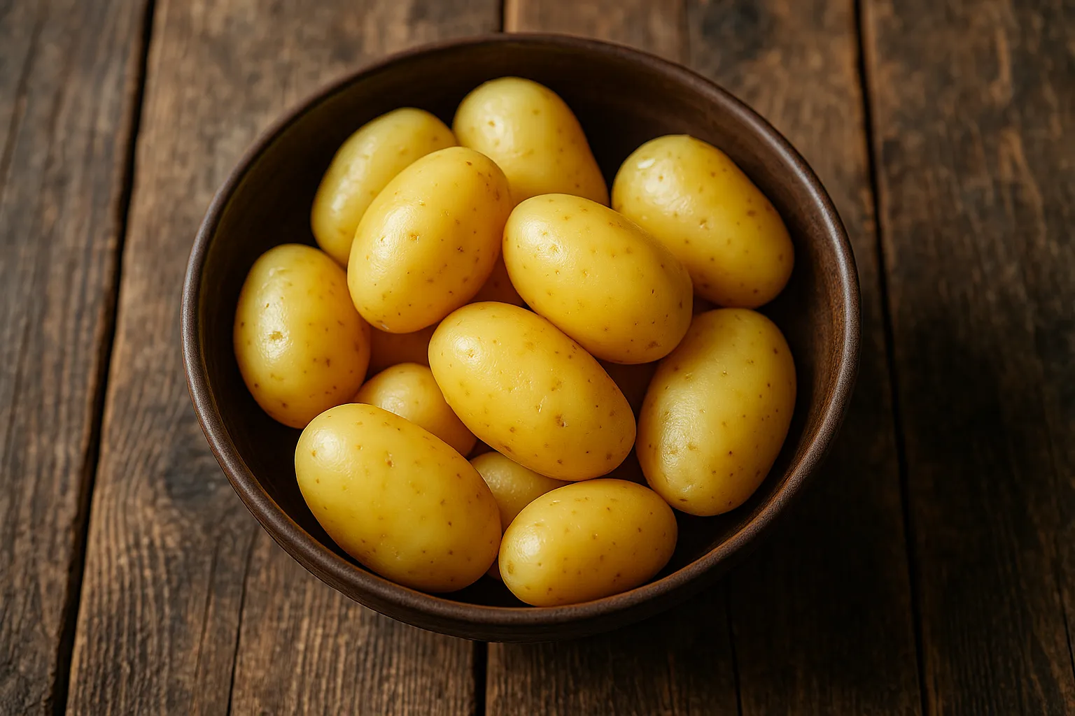 Frische Salzkartoffeln auf rustikalem Holztisch - 87 Kalorien pro 100 g