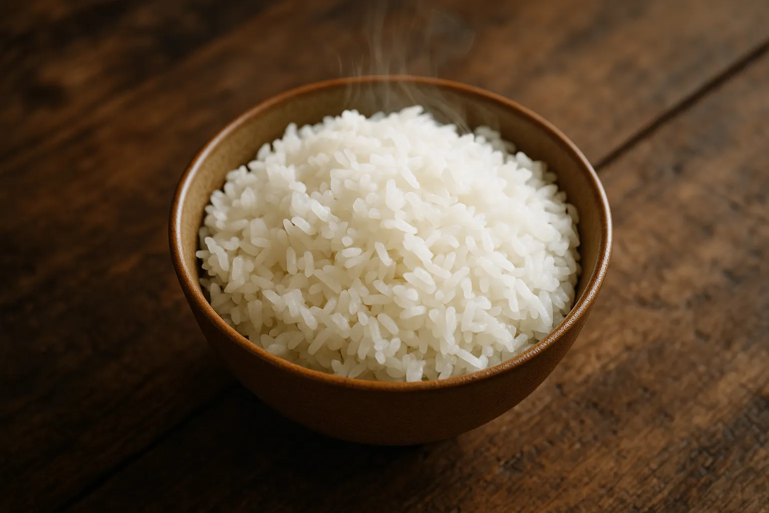 Bowl of fluffy white boiled rice on rustic wooden table - 130 calories per 100g cooked