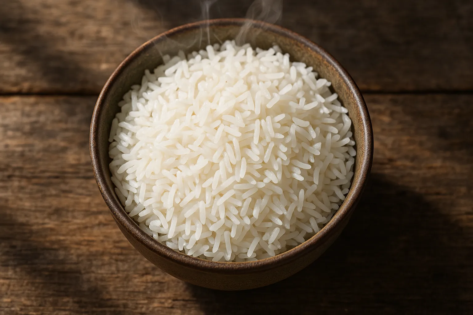 Fresh boiled Sona Masoori rice on rustic wooden table - 130 calories per 100g