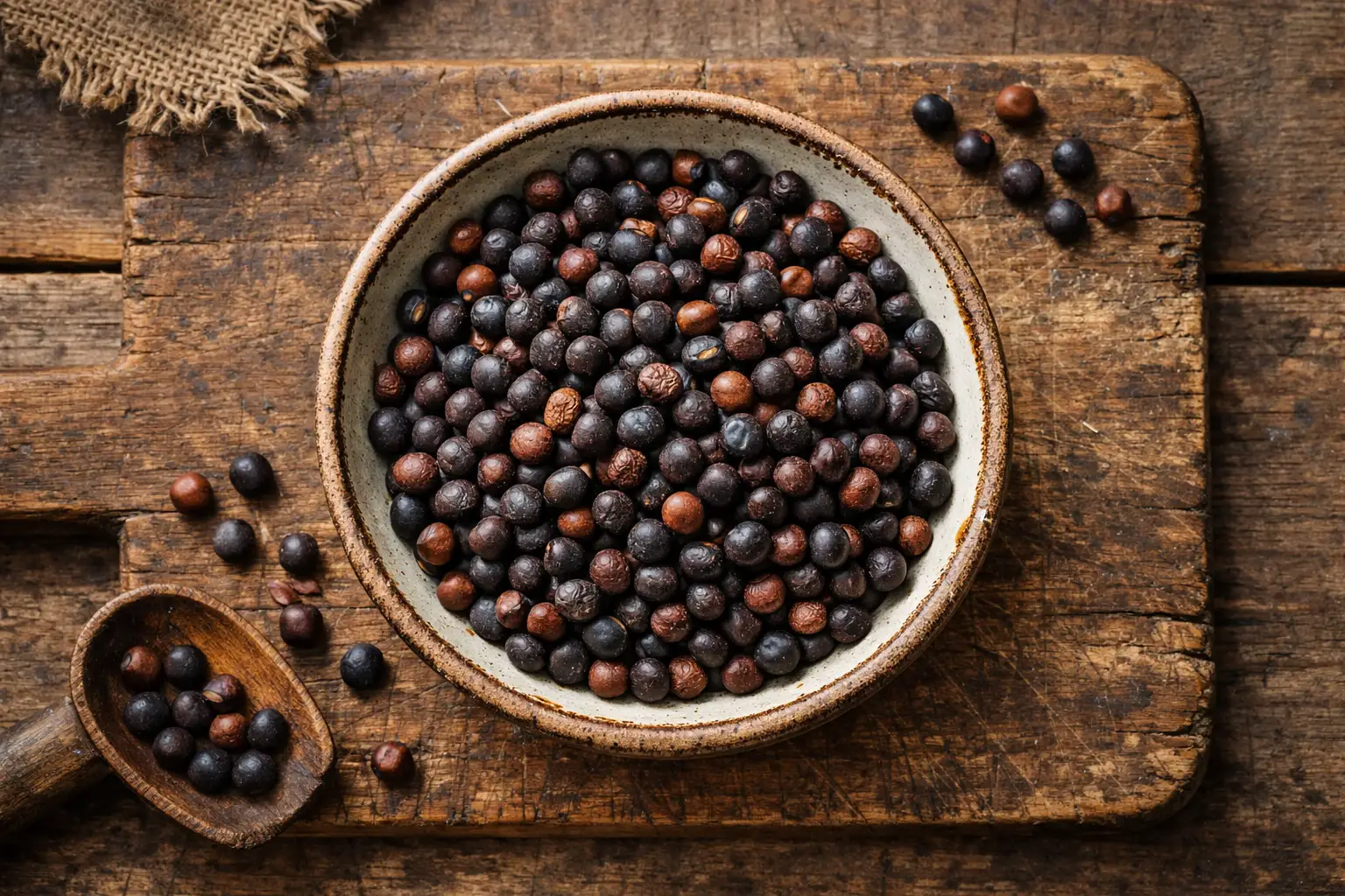 Frische Carlin-Erbsen auf rustikalem Holztisch - 86 Kalorien pro 100 g