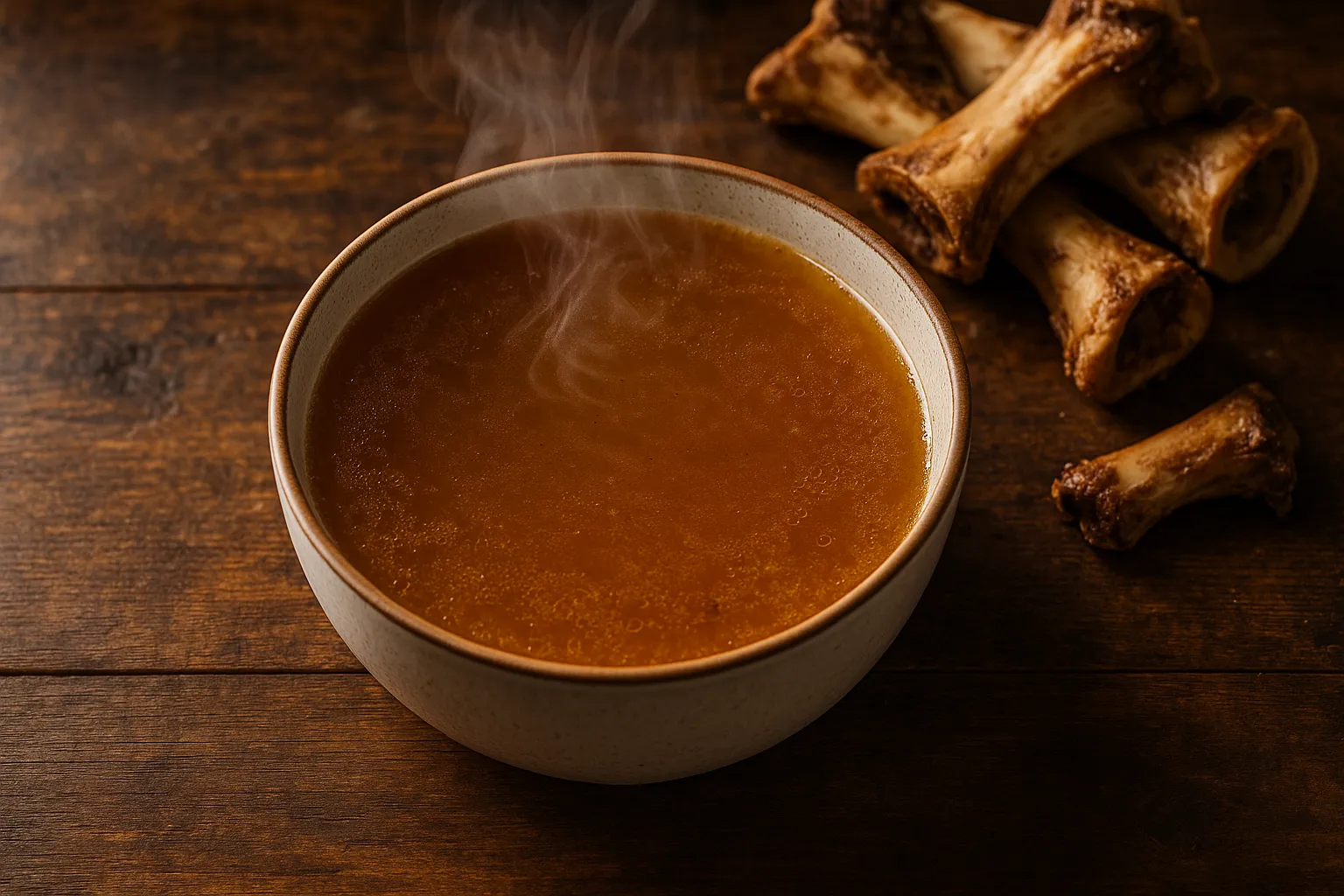 Fresh bone broth on rustic wooden table - 45 calories per cup