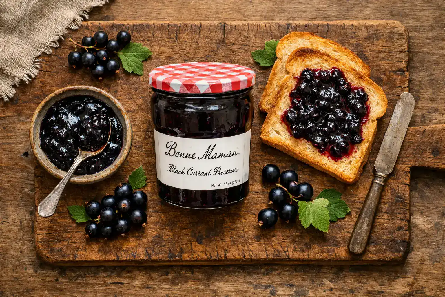 Fresh Bonne Maman Black Currant Preserve on rustic wooden table - 50 calories per tablespoon