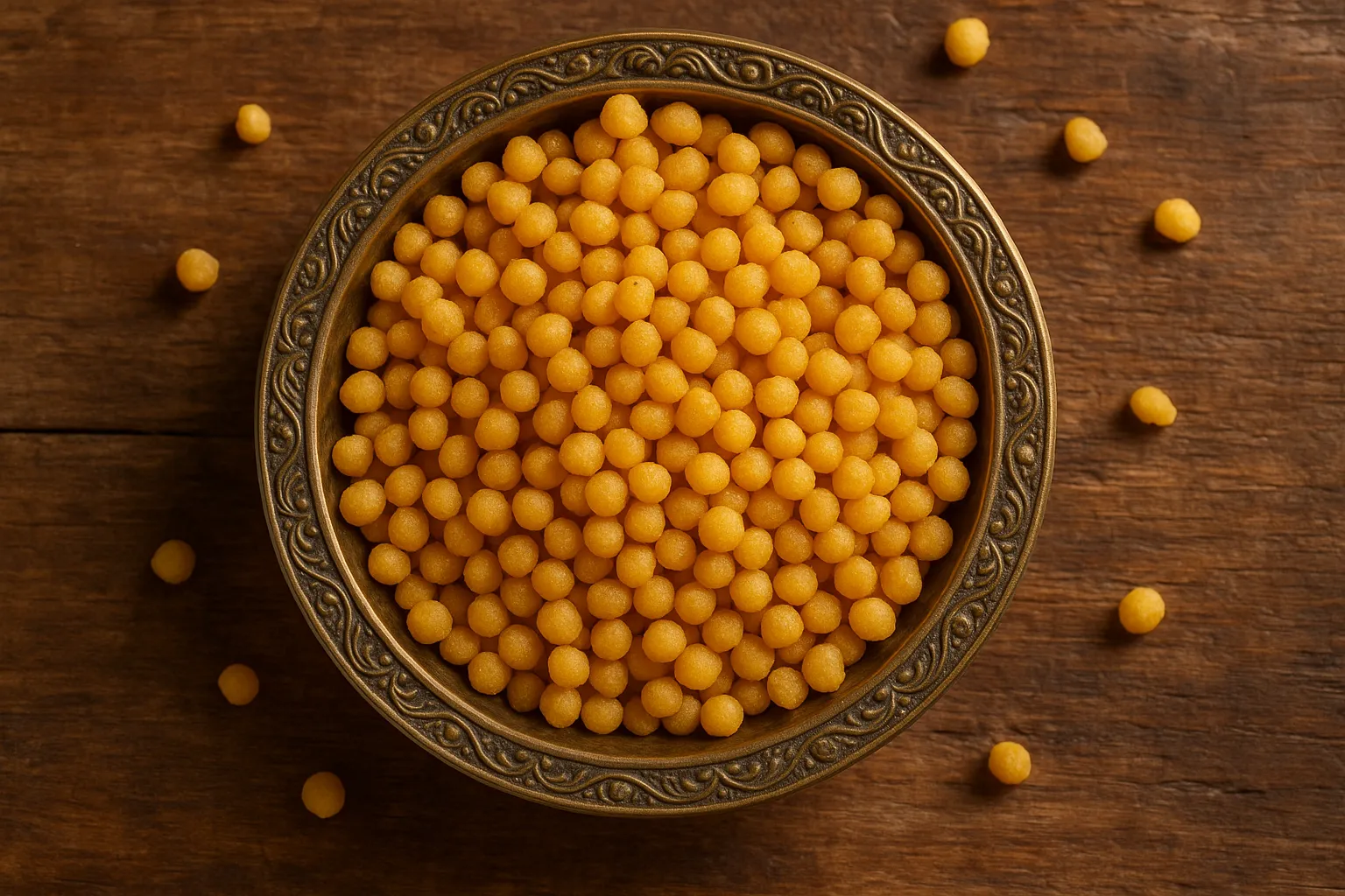 Fresh boondi on rustic wooden table - 540 calories per 100g