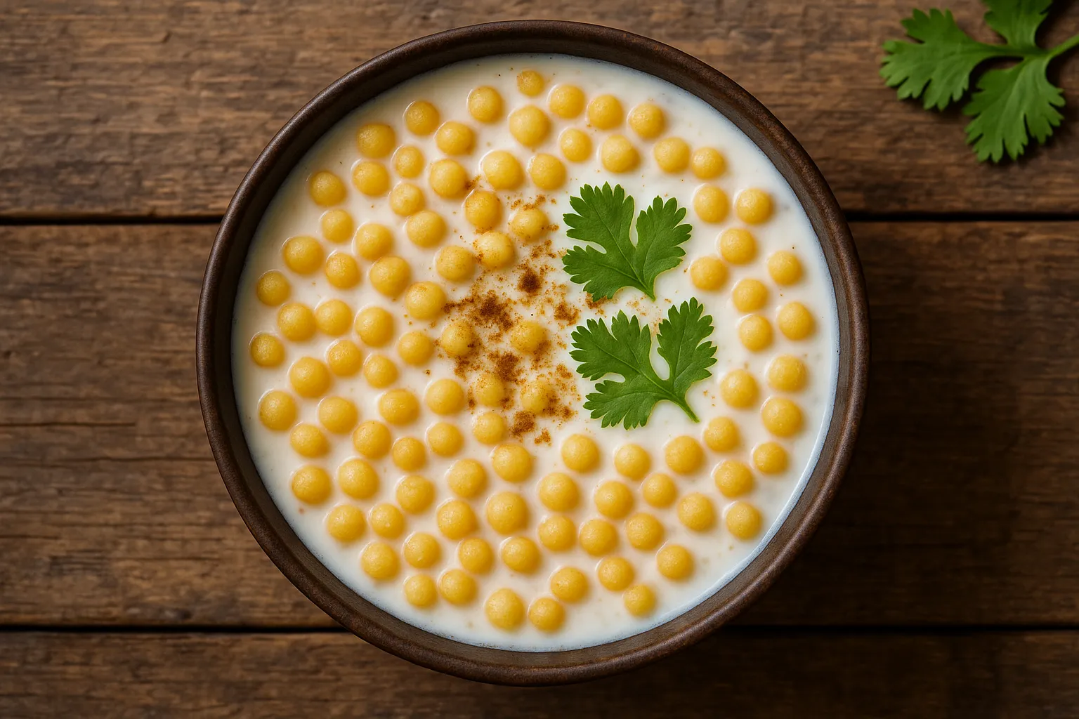 Fresh Boondi Raita on rustic wooden table - 85 calories per 100g