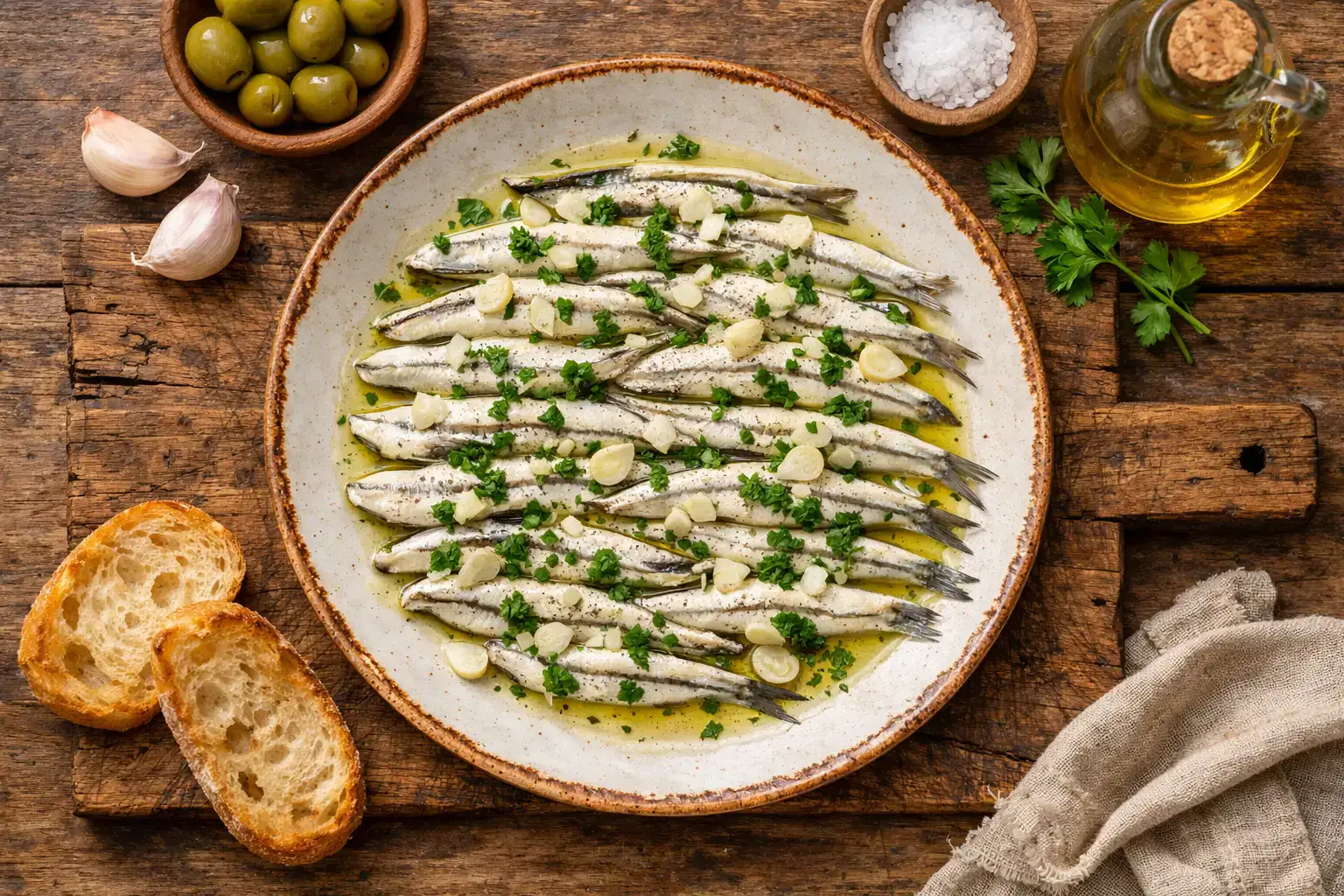 Fresh boquerones en vinagre on rustic wooden table - 90 calories per 50g serving