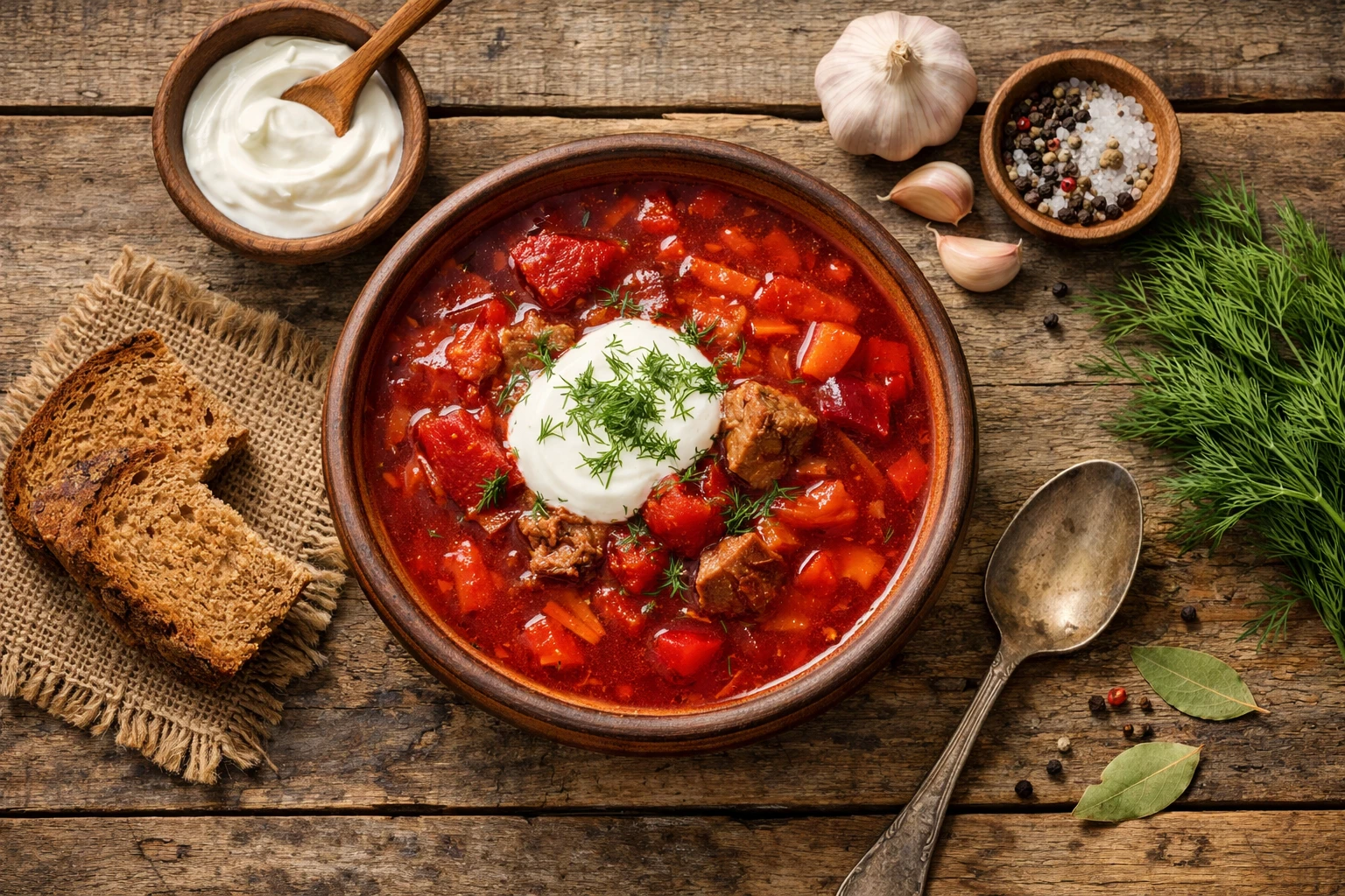 रस्टिक लकड़ी की टेबल पर ताजा बोर्श्च - प्रति कटोरी 120 कैलोरी