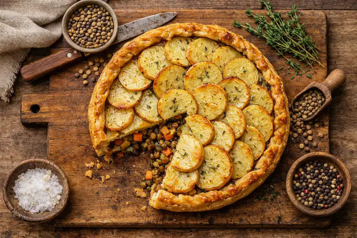 BOSH! Comforting Veg Pie con lentejas y patata en rodajas sobre mesa de madera rústica - 380 calorías por paquete de 400 g