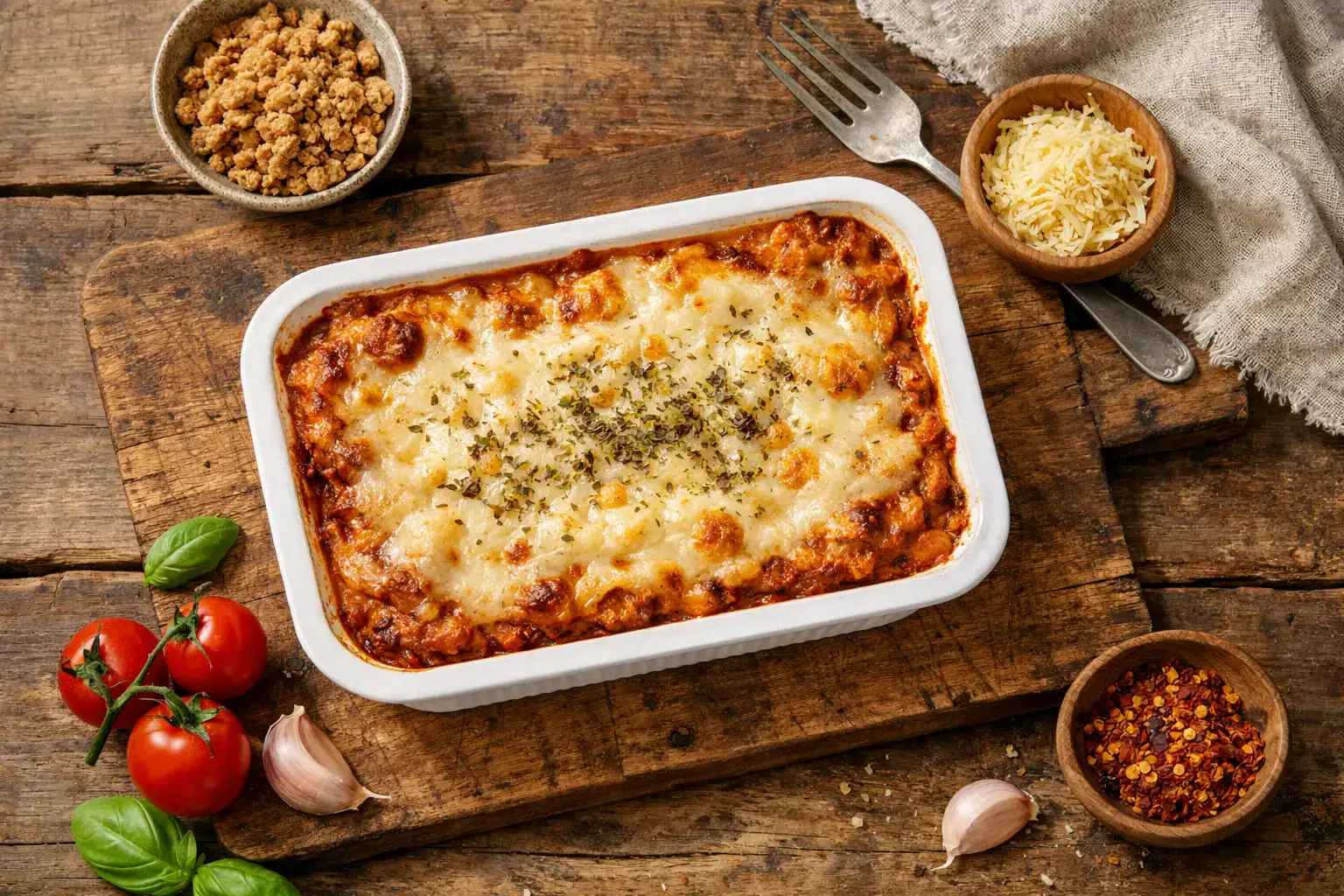 BOSH! Hearty Lasagne vegan ready meal on rustic wooden table - 450 calories per 400g pack