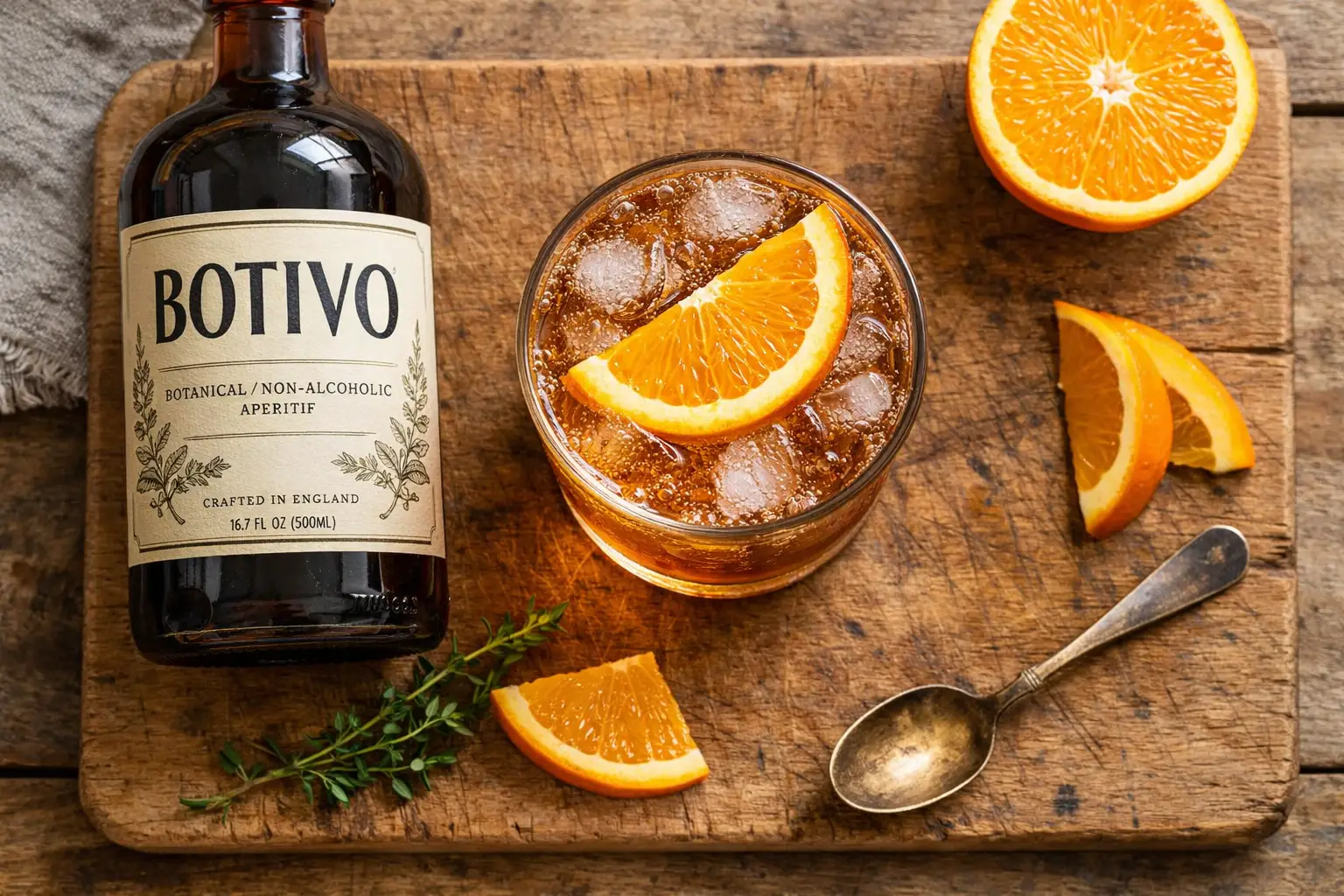 Fresh Botivo botanical aperitif on rustic wooden table - 15 calories per serving