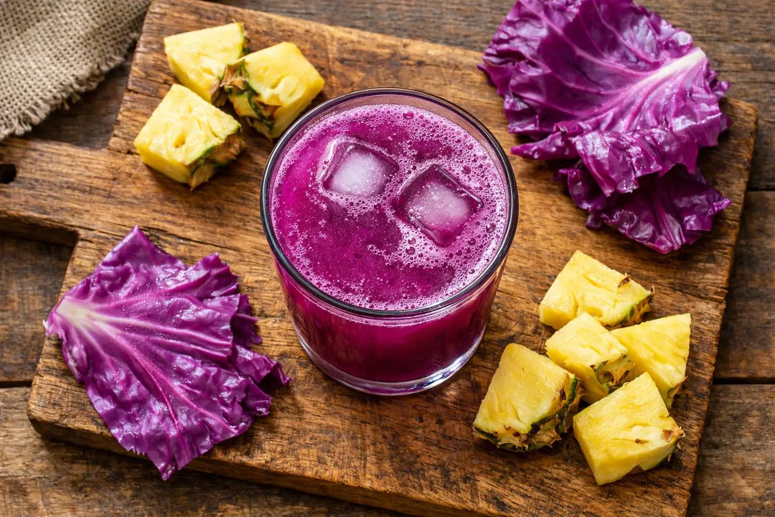 Frischer Botox Juice aus Ananas und Rotkohl auf rustikalem Holztisch – 65 Kalorien pro 240 ml Glas