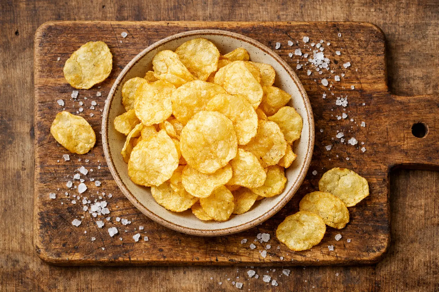 Boulder Canyon Olive Oil Chips fraîches sur une table en bois rustique - 140 calories par portion de 28 g
