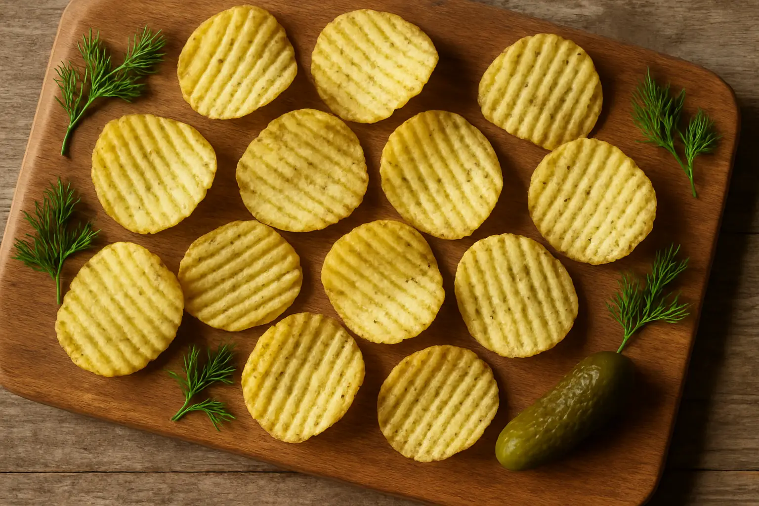 Overhead view of Boulder Canyon x Grillo's Pickles Wavy Dill Pickle Chips scattered on a wooden board with fresh dill and a small pickle beside them