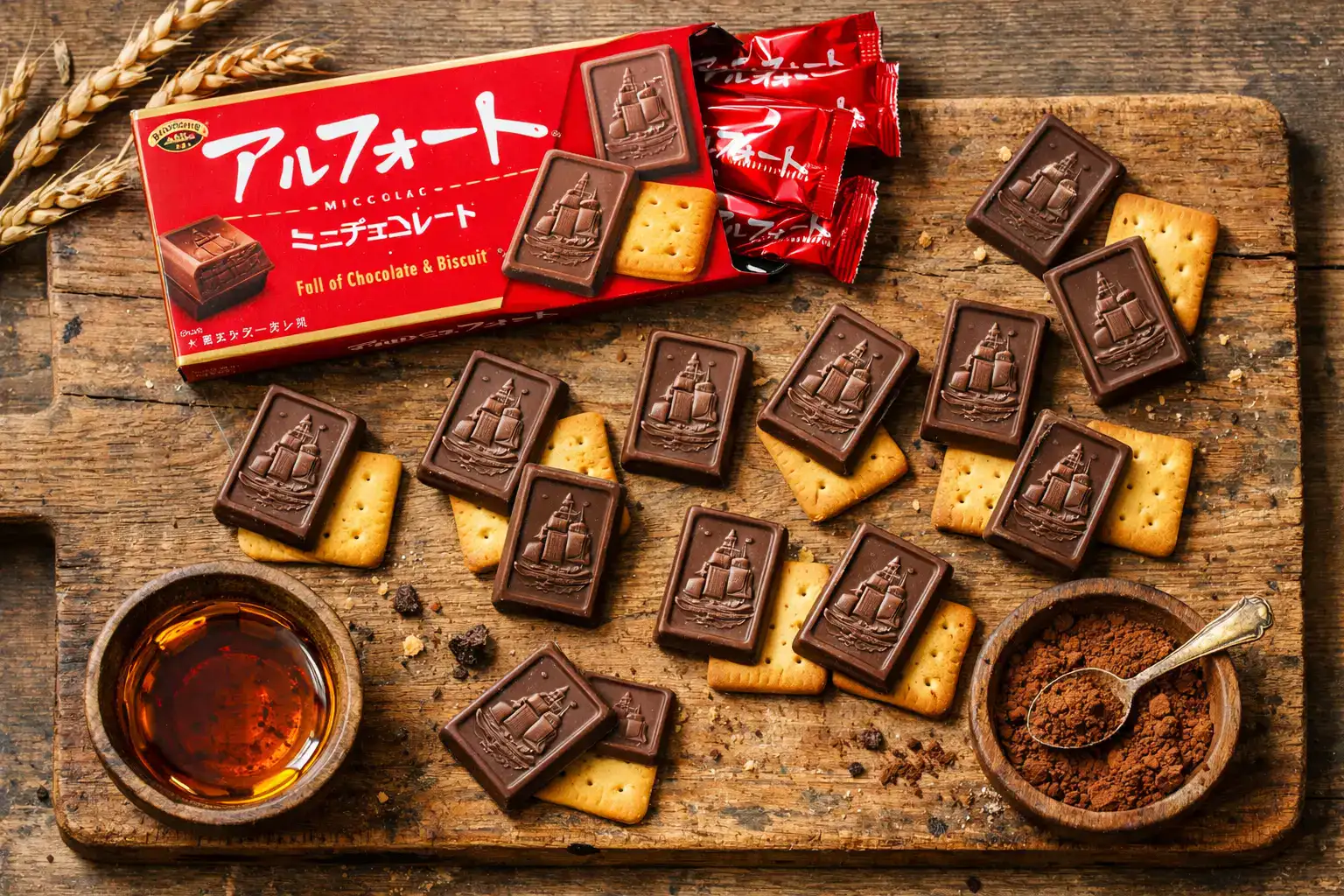 Fresh Bourbon Alfort Mini Chocolate Biscuits on rustic wooden table - 26 calories per piece