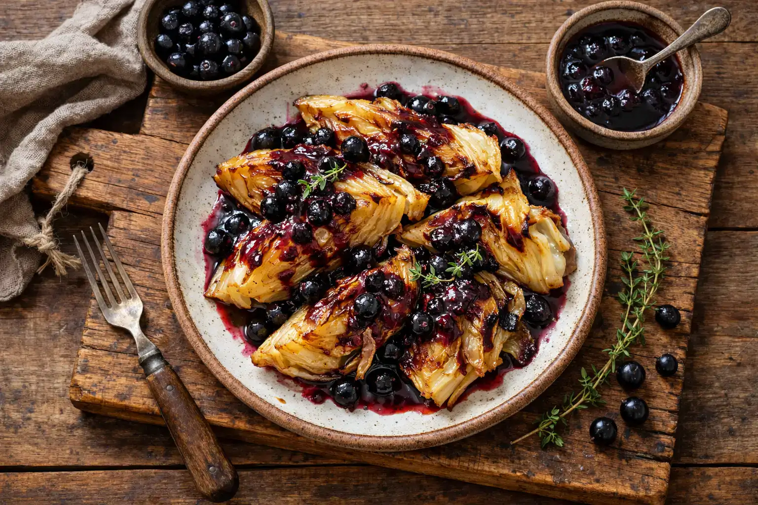 Frischer geschmorter Kohl mit Schwarze-Johannisbeeren-Sauce auf rustikalem Holztisch – 90 kcal pro Portion
