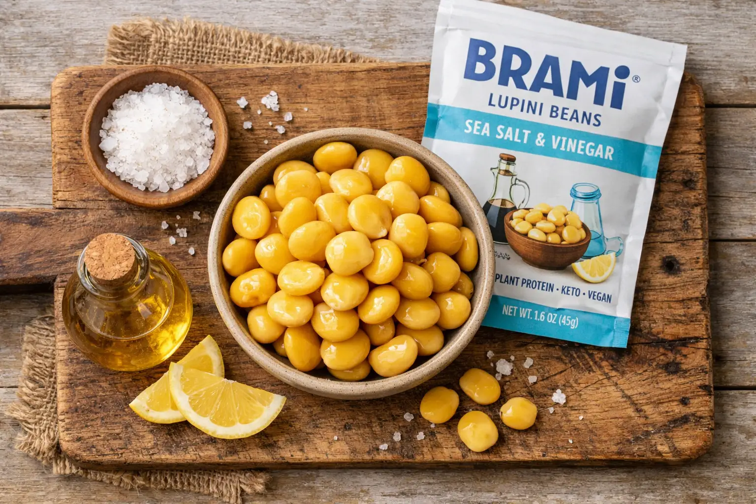 Fresh Brami Lupini Beans on rustic wooden table - 70 calories per pouch