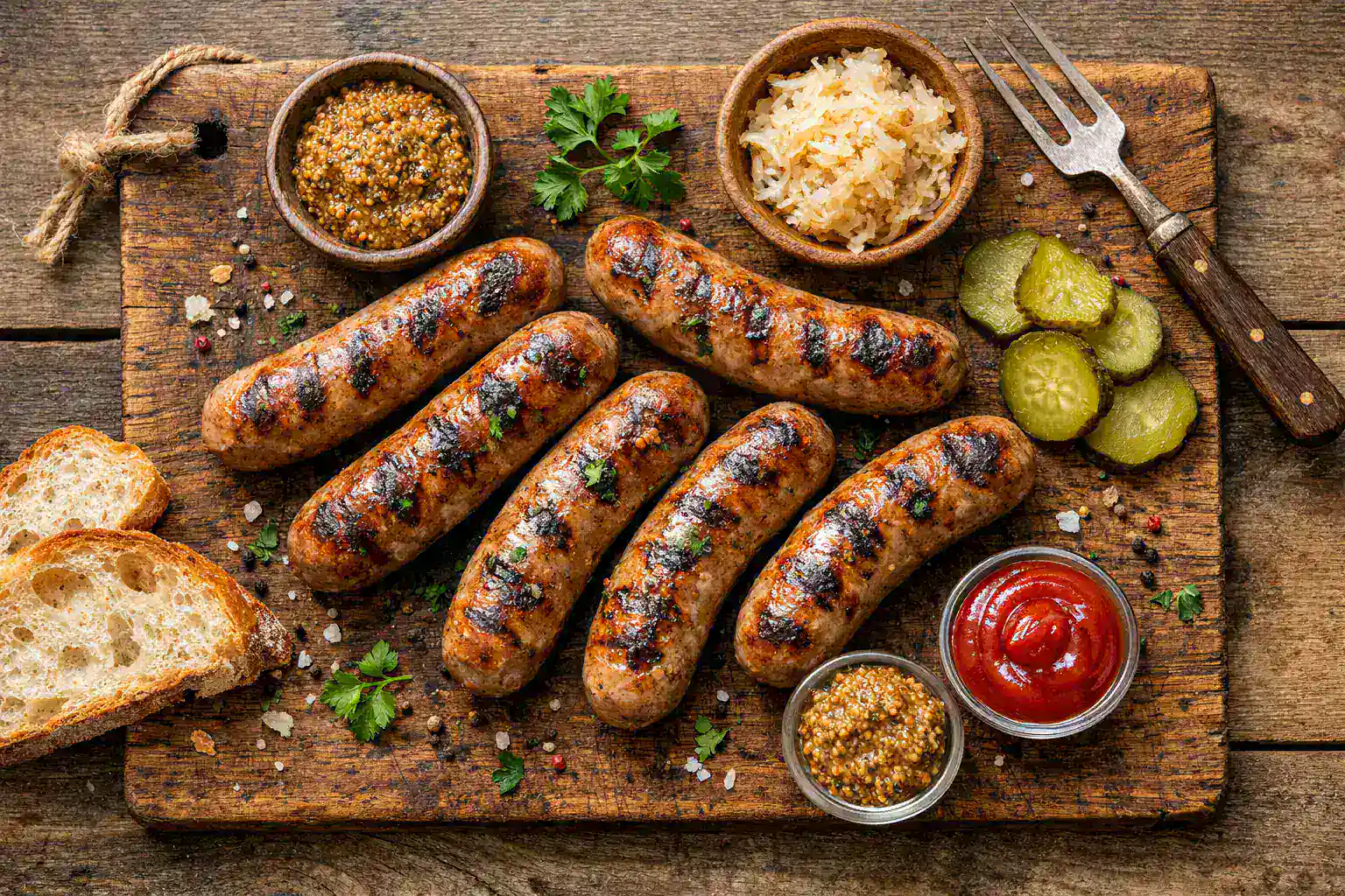 Frisch gegrillte Bratwurst auf rustikalem Holztisch - 250 Kalorien pro Stück