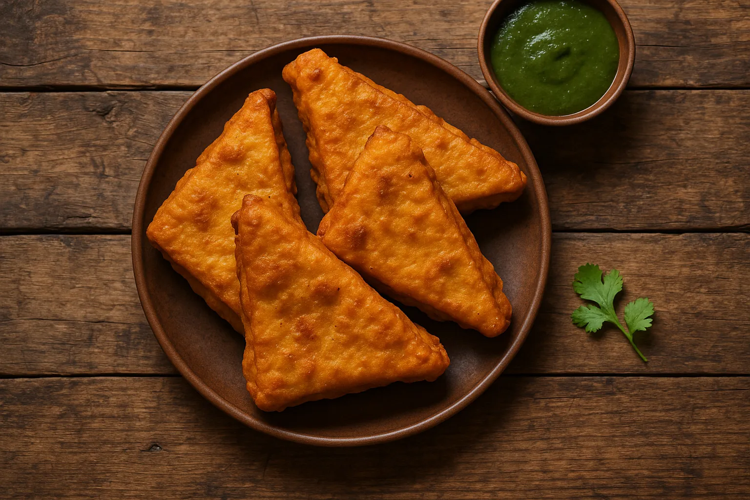 Fresh bread pakora on rustic wooden table - 141 calories per piece (baked)
