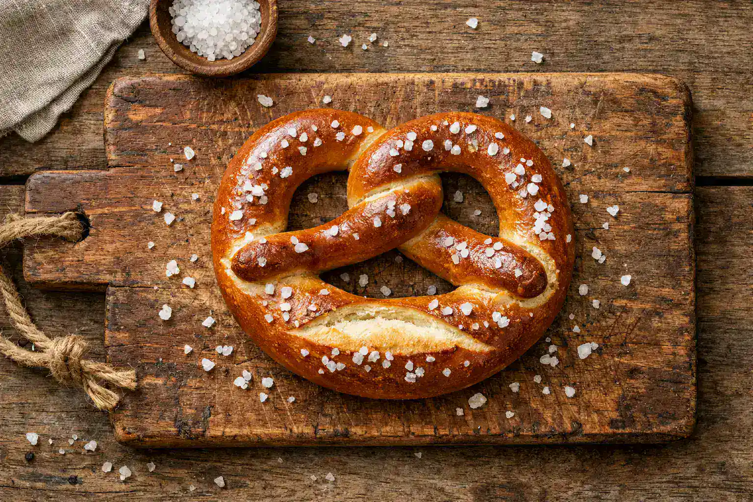 Bretzel allemand frais avec gros sel sur table en bois rustique - 270 calories pour 80 g