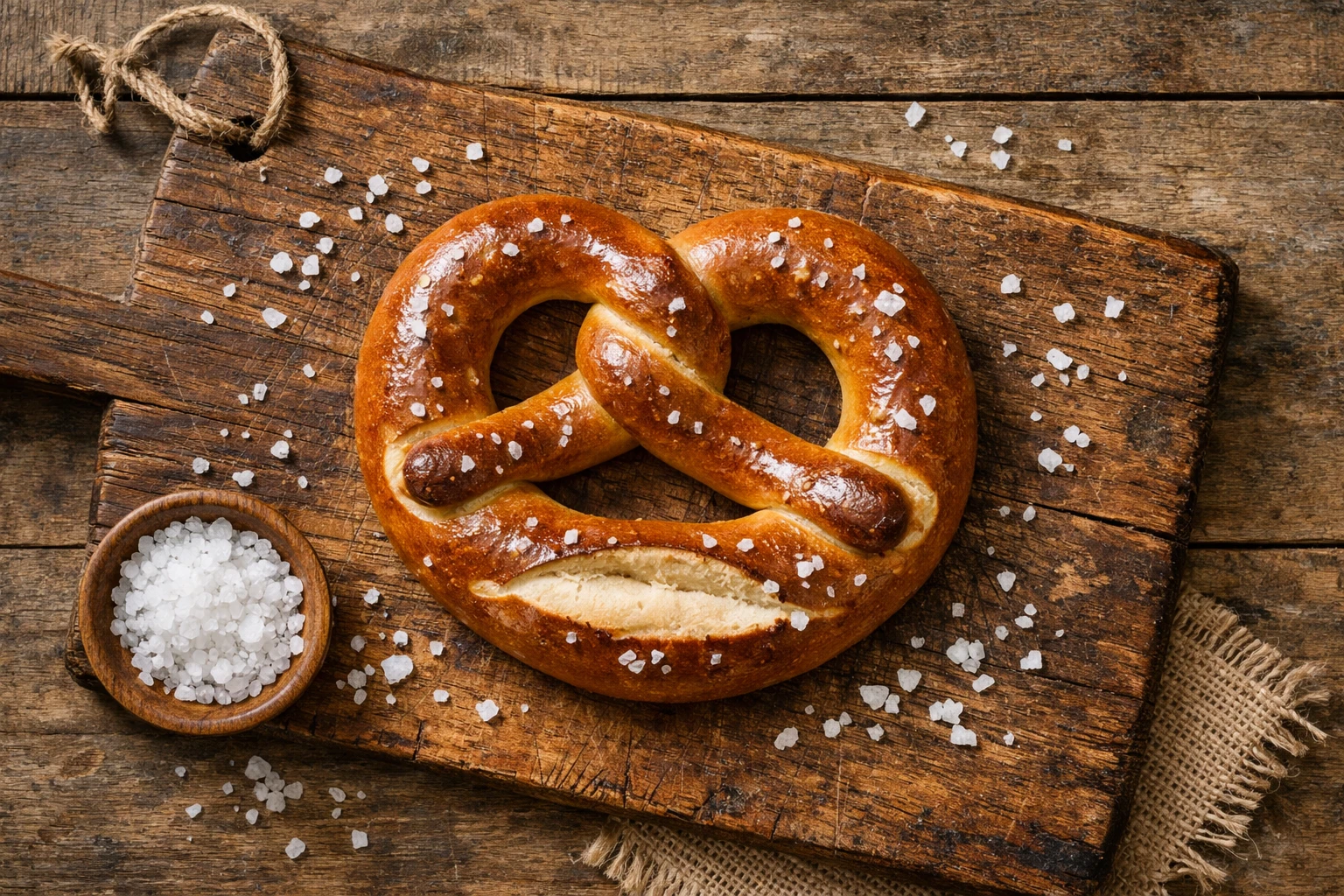 Brezel alemán fresco en mesa de madera rústica - 300 calorías por 100g de pretzel