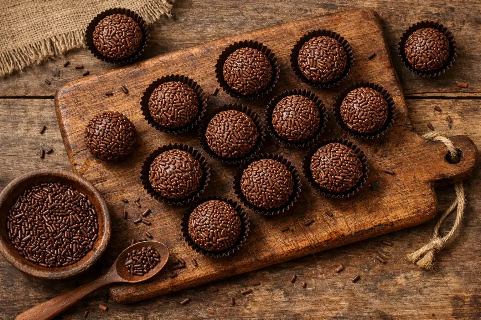 Brigadeiros frescos, trufas de chocolate brasileñas sobre mesa de madera rústica - 80 calorías por pieza