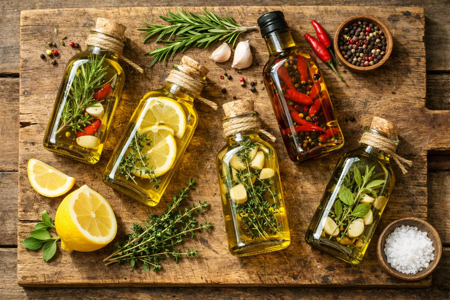 Huile d'olive aromatisée Brightland fraîche sur table en bois rustique - 120 calories par cuillère à soupe