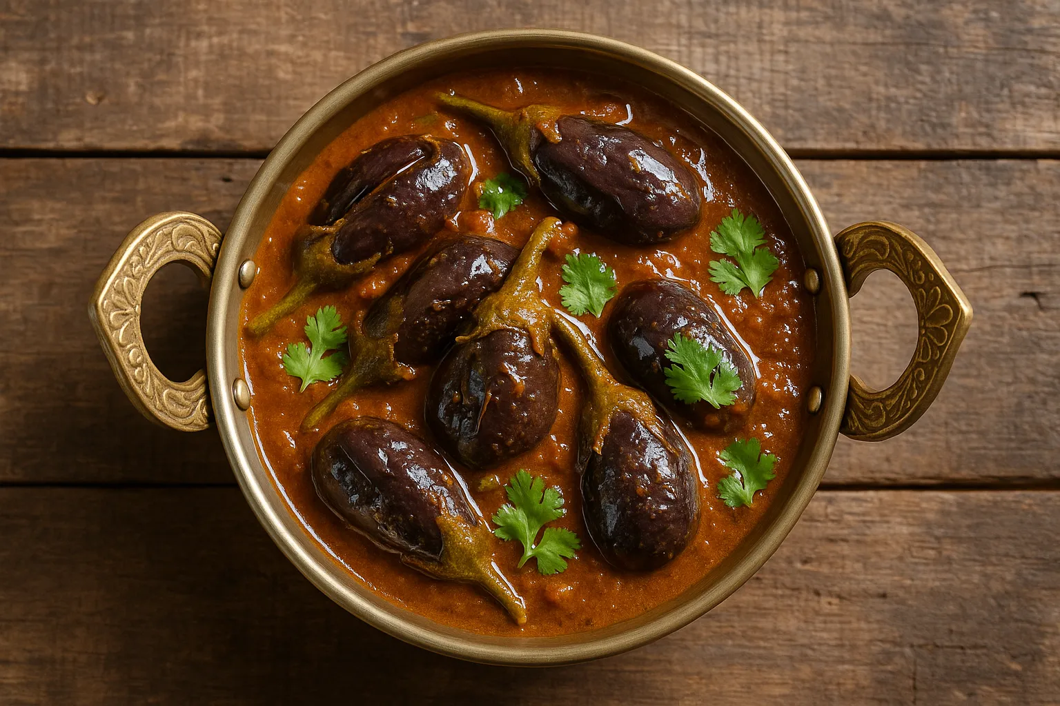 देहाती लकड़ी की मेज पर ताजा बैंगन मसाला - प्रति 100g में 65 कैलोरी