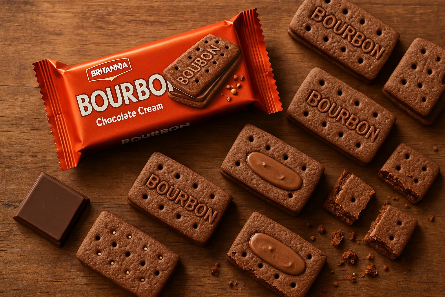 ब्रिटानिया बॉर्बन चोको नट बिस्किट रस्टिक लकड़ी की टेबल पर - 3-बिस्किट सर्विंग में 163 कैलोरी