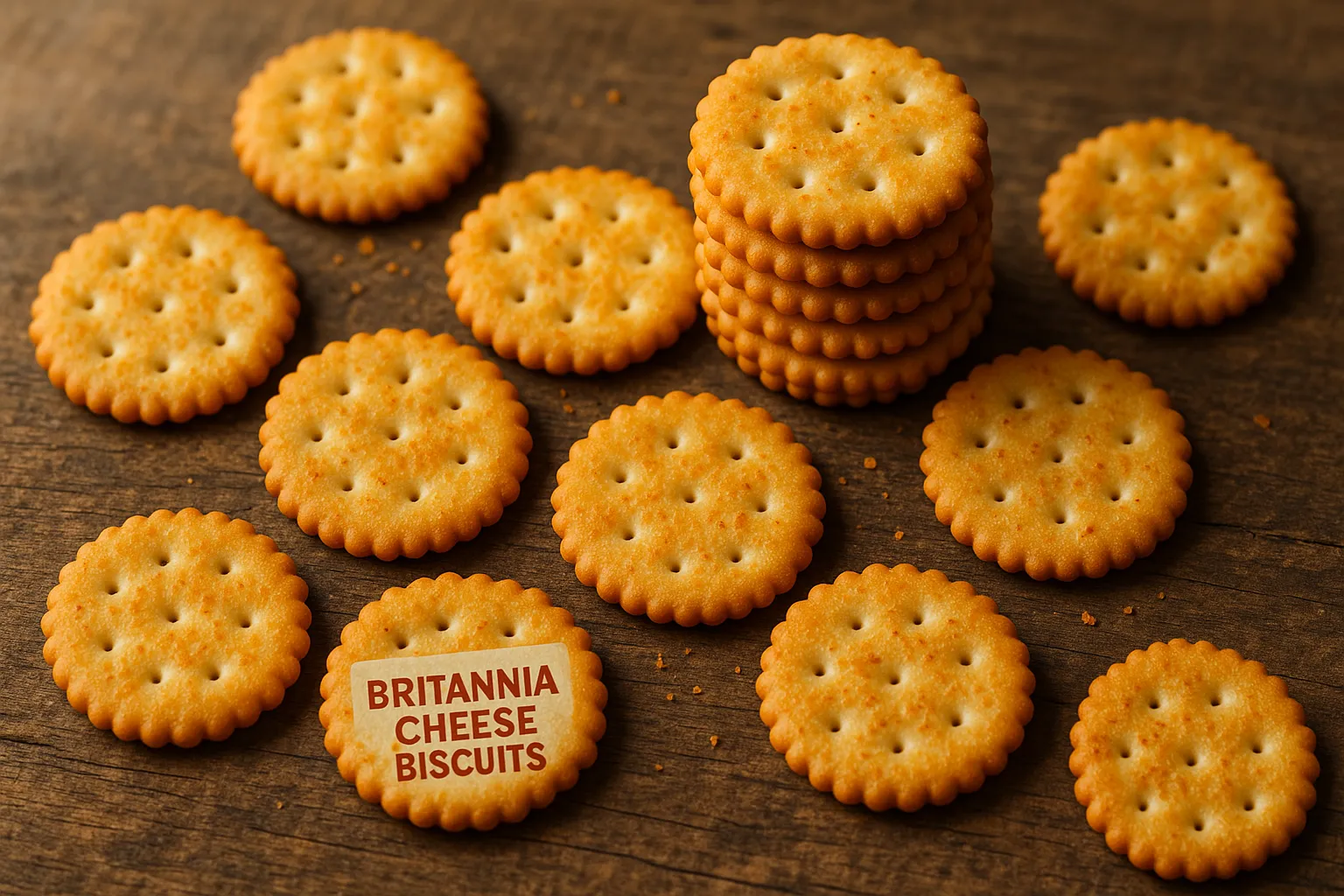 Britannia Cheese Biscuits frais sur table en bois rustique - 498 calories pour 100 g