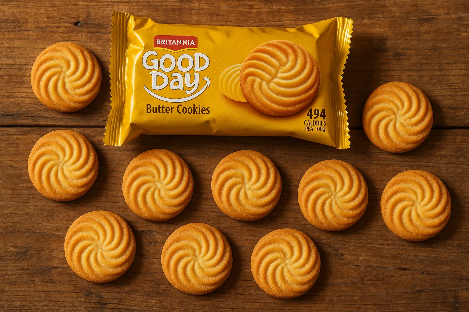 Fresh Britannia Good Day butter cookies on rustic wooden table - 494 calories per 100g