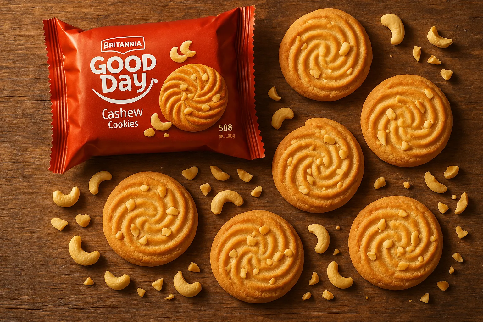 Frische Britannia Good Day Cashew-Kekse auf rustikalem Holztisch - 508 Kalorien pro 100g