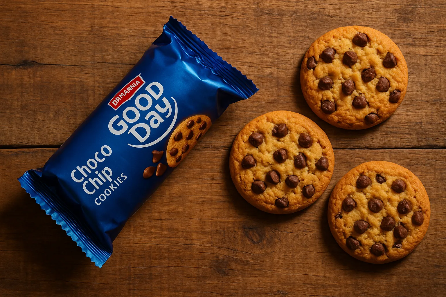 Frische Britannia Good Day Choco Chip Kekse auf rustikalem Holztisch - 48 Kalorien pro Keks