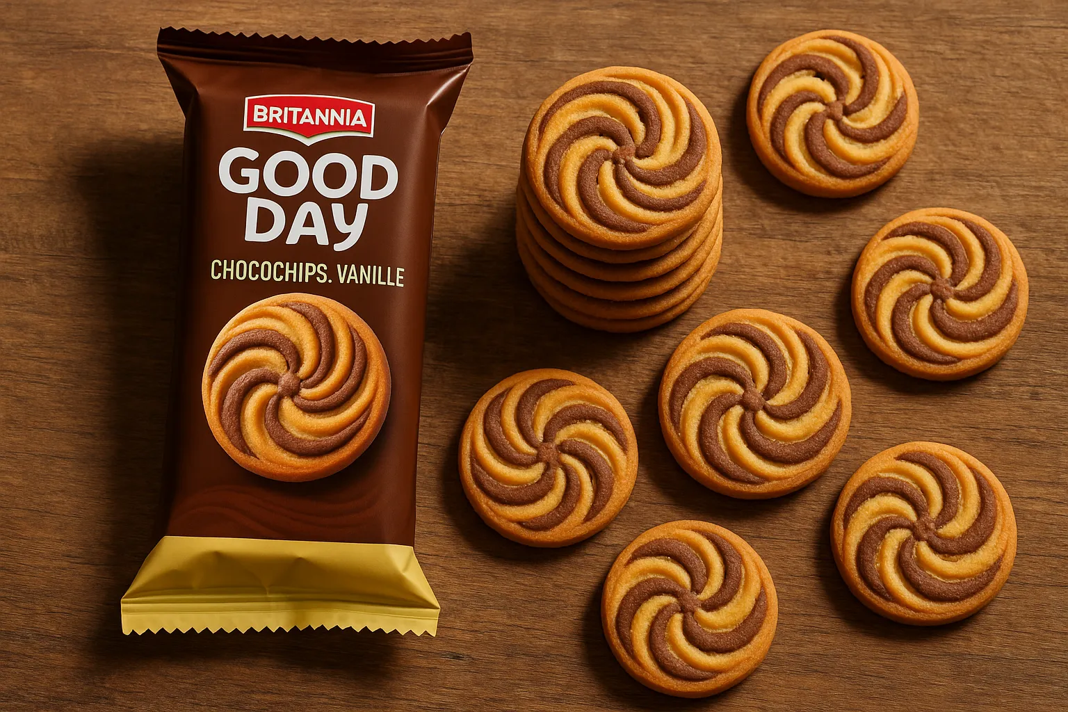 Britannia Good Day Choco Vanilla cookies on rustic wooden table - 165 calories per 5-biscuit serving