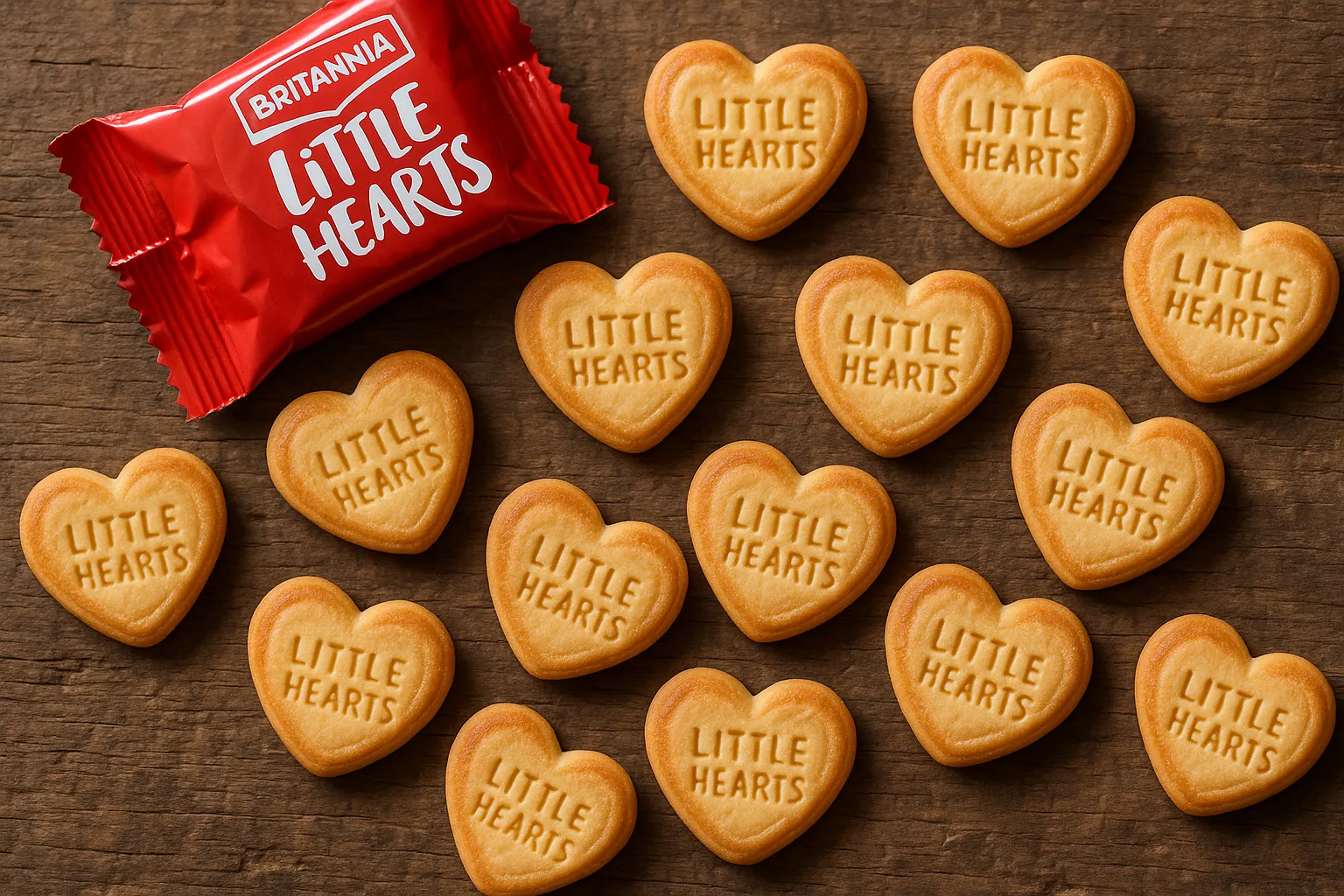 Biscuits Britannia Little Hearts frais sur table en bois rustique - 486 calories pour 100g