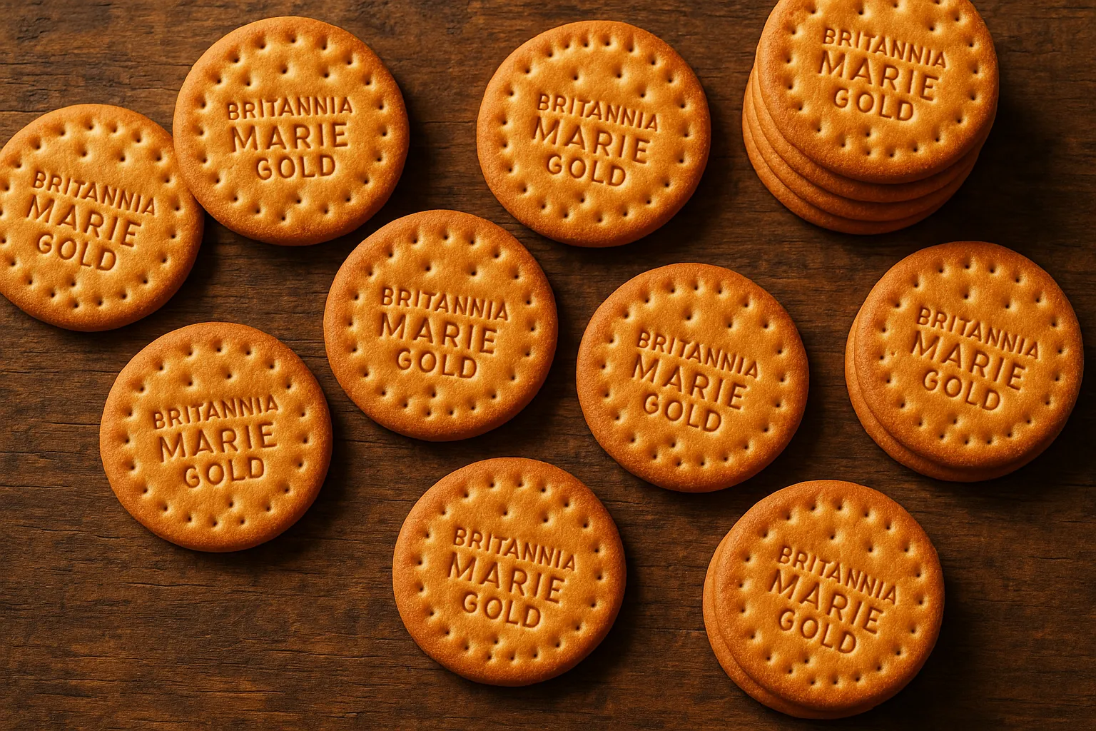Fresh Britannia Marie Gold biscuits on rustic wooden table - 406 calories per 100g
