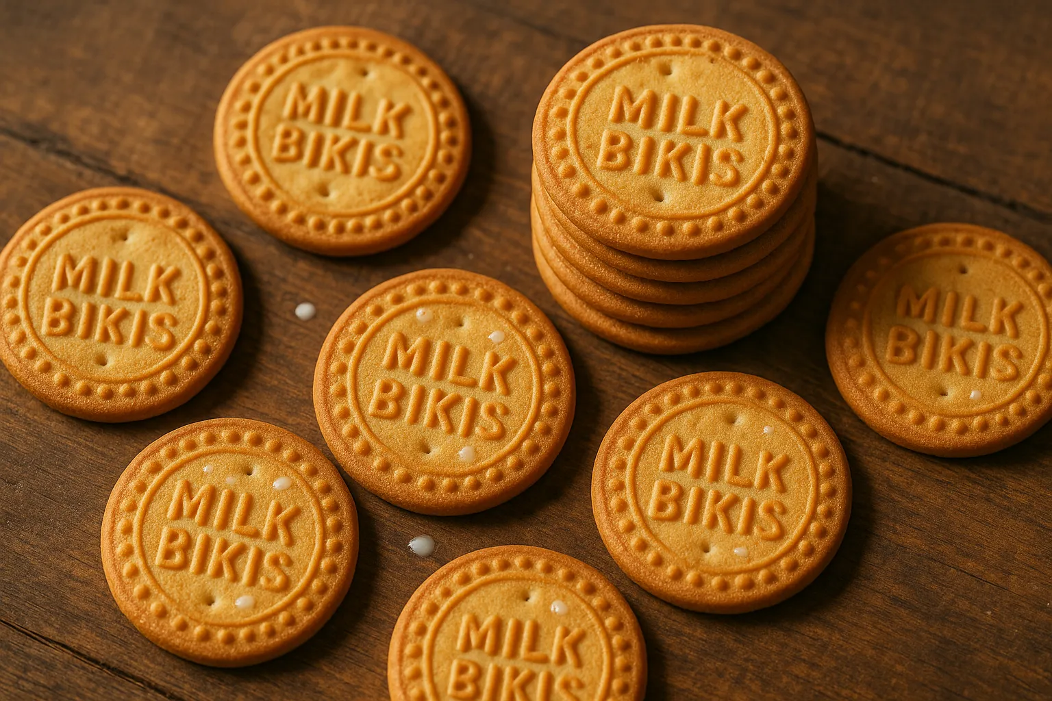 Frische Britannia Milk Bikis Kekse auf rustikalem Holztisch - 460 Kalorien pro 100g