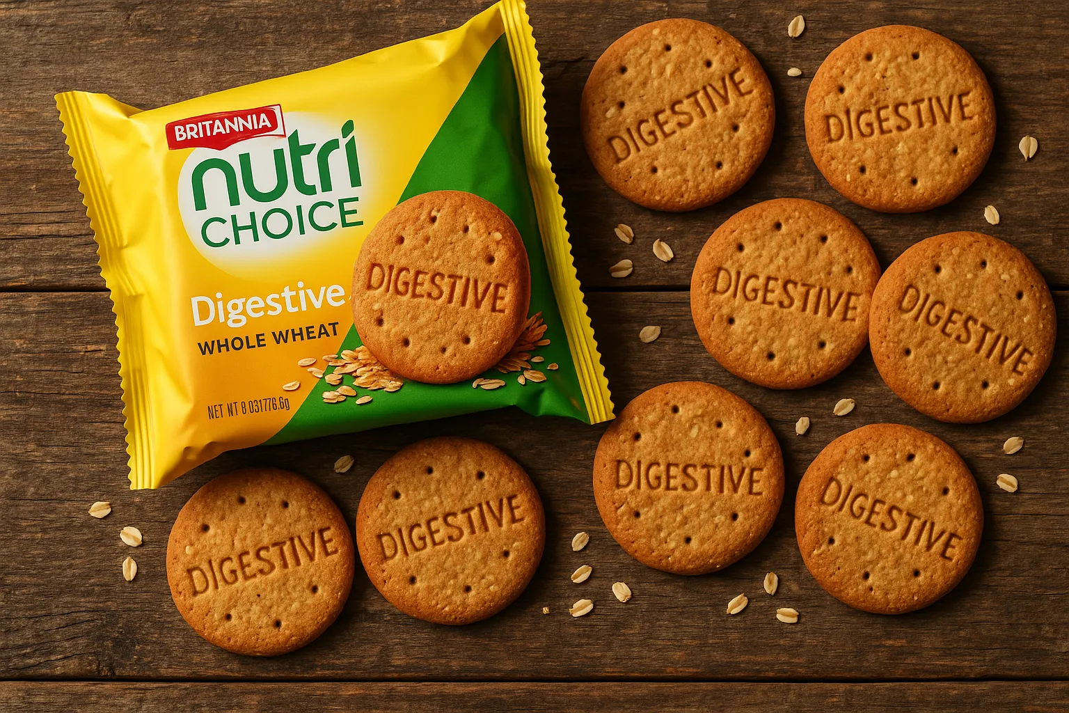 Fresh Britannia NutriChoice Digestive biscuits on rustic wooden table - 455 calories per 100g